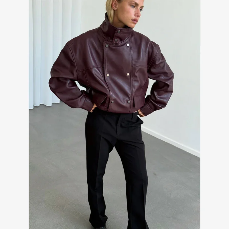 Burgundy Cropped Faux Leather Jacket Cool Long Sleeve Double Breasted Coat 2026 Autumn New Street Y2k Daily Commute Outerwear