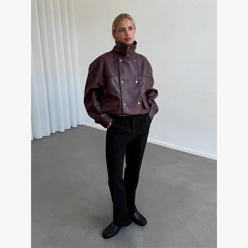 Burgundy Cropped Faux Leather Jacket Cool Long Sleeve Double Breasted Coat 2026 Autumn New Street Y2k Daily Commute Outerwear