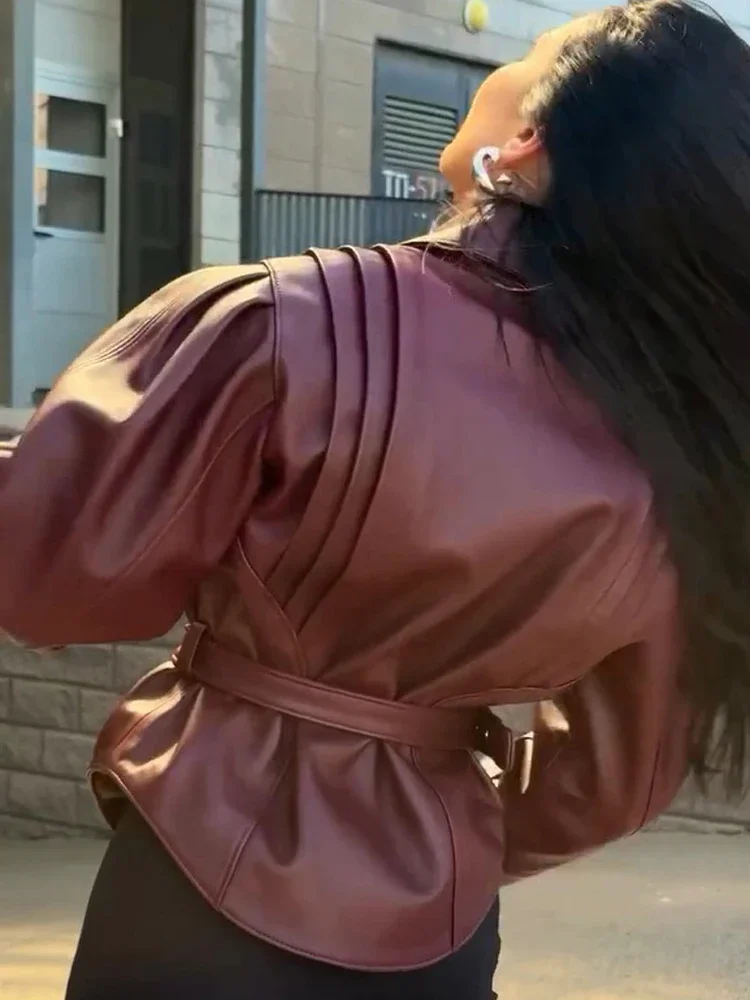Burgundy Women Faux Leather Coat Lapel Puff Sleeve Belted Waist Cropped Outerwear 2026 Daily Autumn Streetwear Warm Jacket