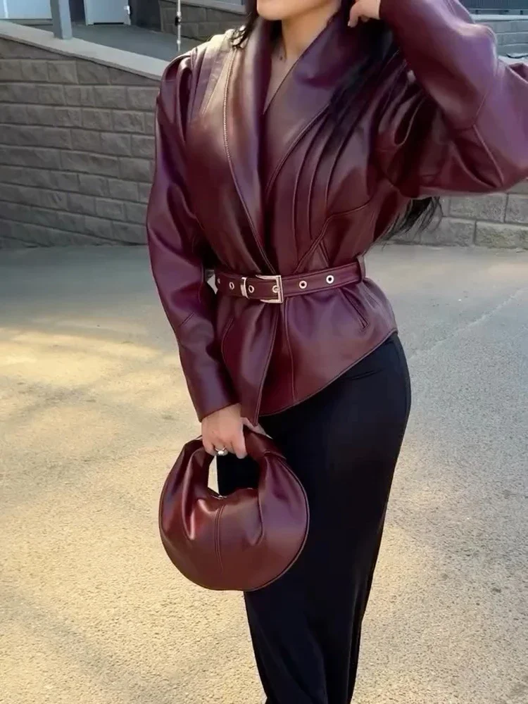 Burgundy Women Faux Leather Coat Lapel Puff Sleeve Belted Waist Cropped Outerwear 2026 Daily Autumn Streetwear Warm Jacket