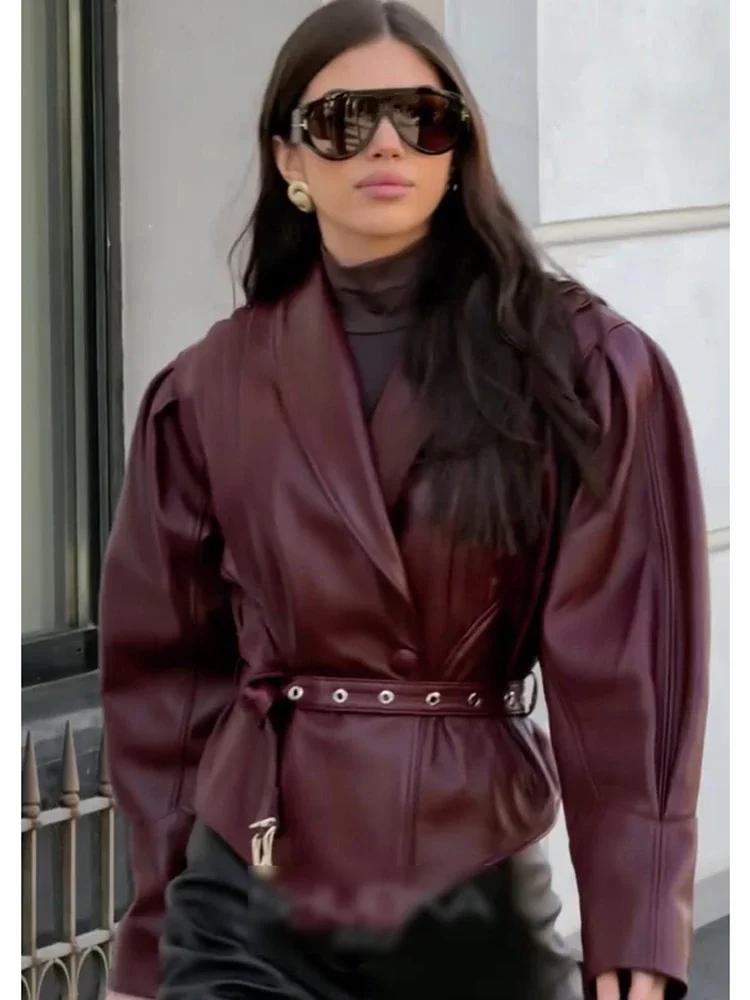 Burgundy Women Faux Leather Coat Lapel Puff Sleeve Belted Waist Cropped Outerwear 2026 Daily Autumn Streetwear Warm Jacket