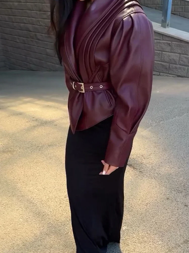 Burgundy Women Faux Leather Coat Lapel Puff Sleeve Belted Waist Cropped Outerwear 2026 Daily Autumn Streetwear Warm Jacket