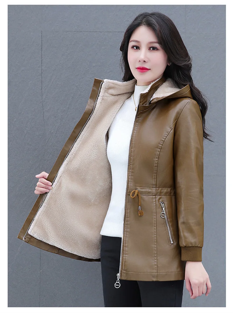Winter Coat New Fashion Soft Leather Clothes Women's Long Sheep Leather Jacket Plus Velvet Padded Warm Coat