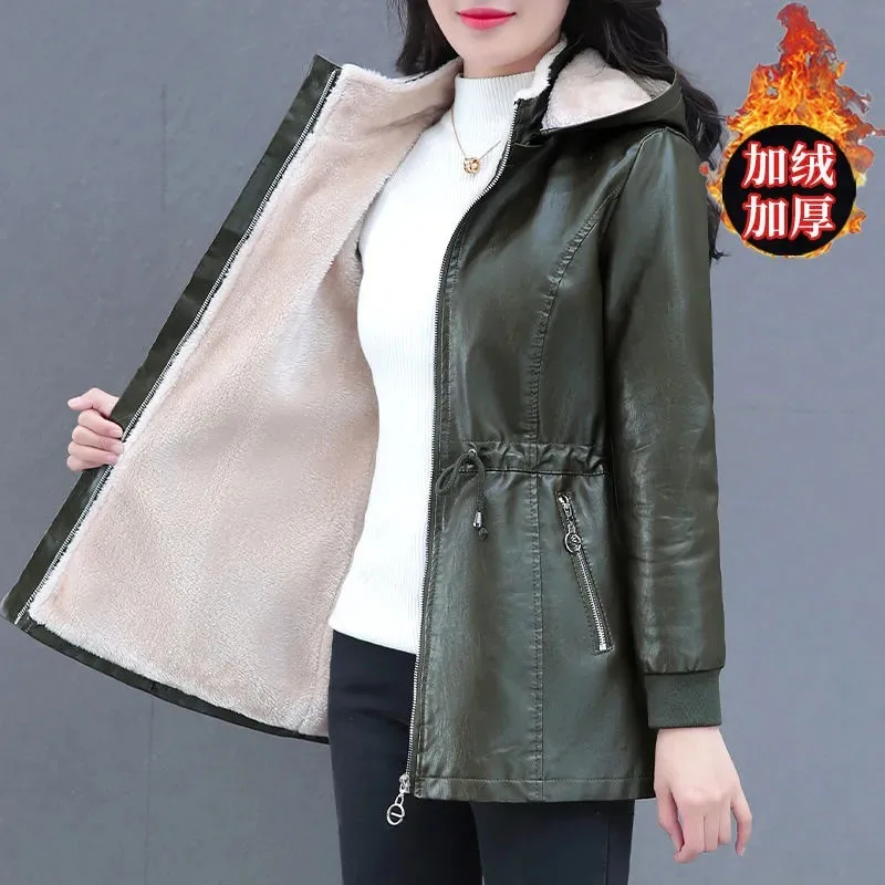 Winter Coat New Fashion Soft Leather Clothes Women's Long Sheep Leather Jacket Plus Velvet Padded Warm Coat