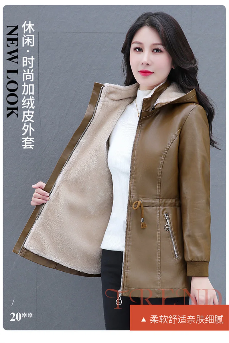 Winter Coat New Fashion Soft Leather Clothes Women's Long Sheep Leather Jacket Plus Velvet Padded Warm Coat