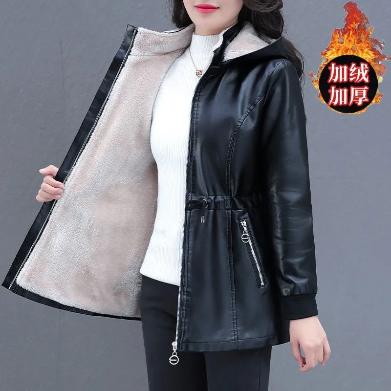 Winter Coat New Fashion Soft Leather Clothes Women's Long Sheep Leather Jacket Plus Velvet Padded Warm Coat