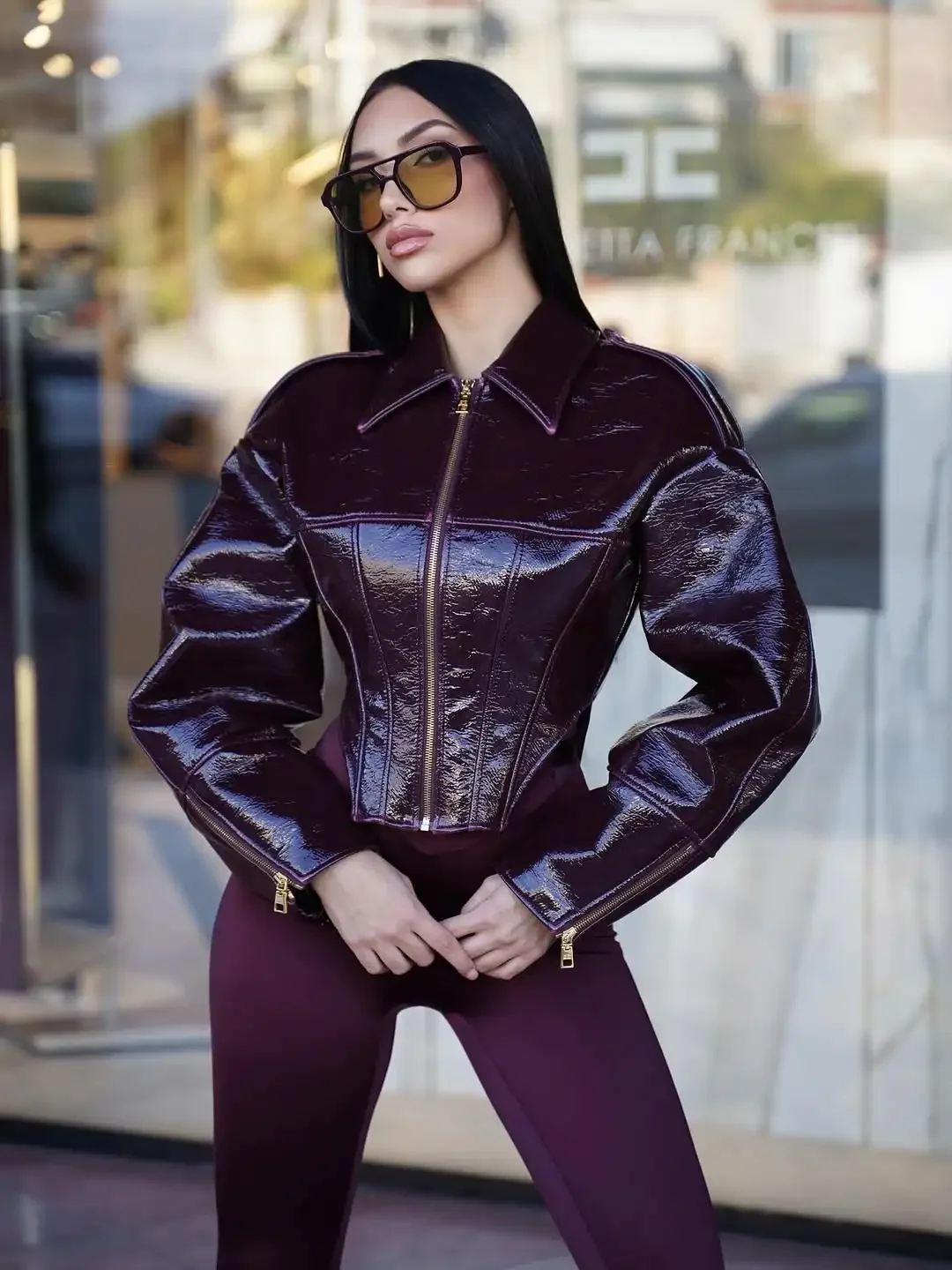 Women Retro Coated Cinched-waist Leather Jacket Lady Casual Lapel Full Sleeve Zipper Fishbone Coat 2026 Spring Daily Street Wear