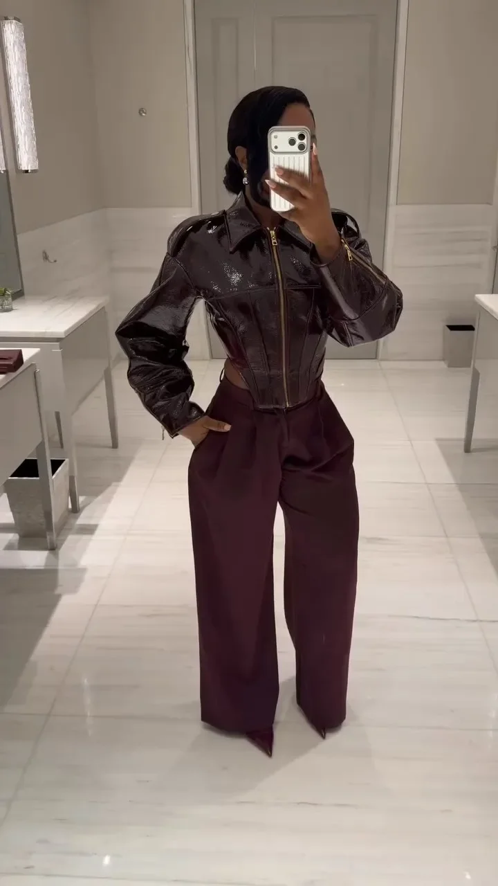Women Retro Coated Cinched-waist Leather Jacket Lady Casual Lapel Full Sleeve Zipper Fishbone Coat 2026 Spring Daily Street Wear