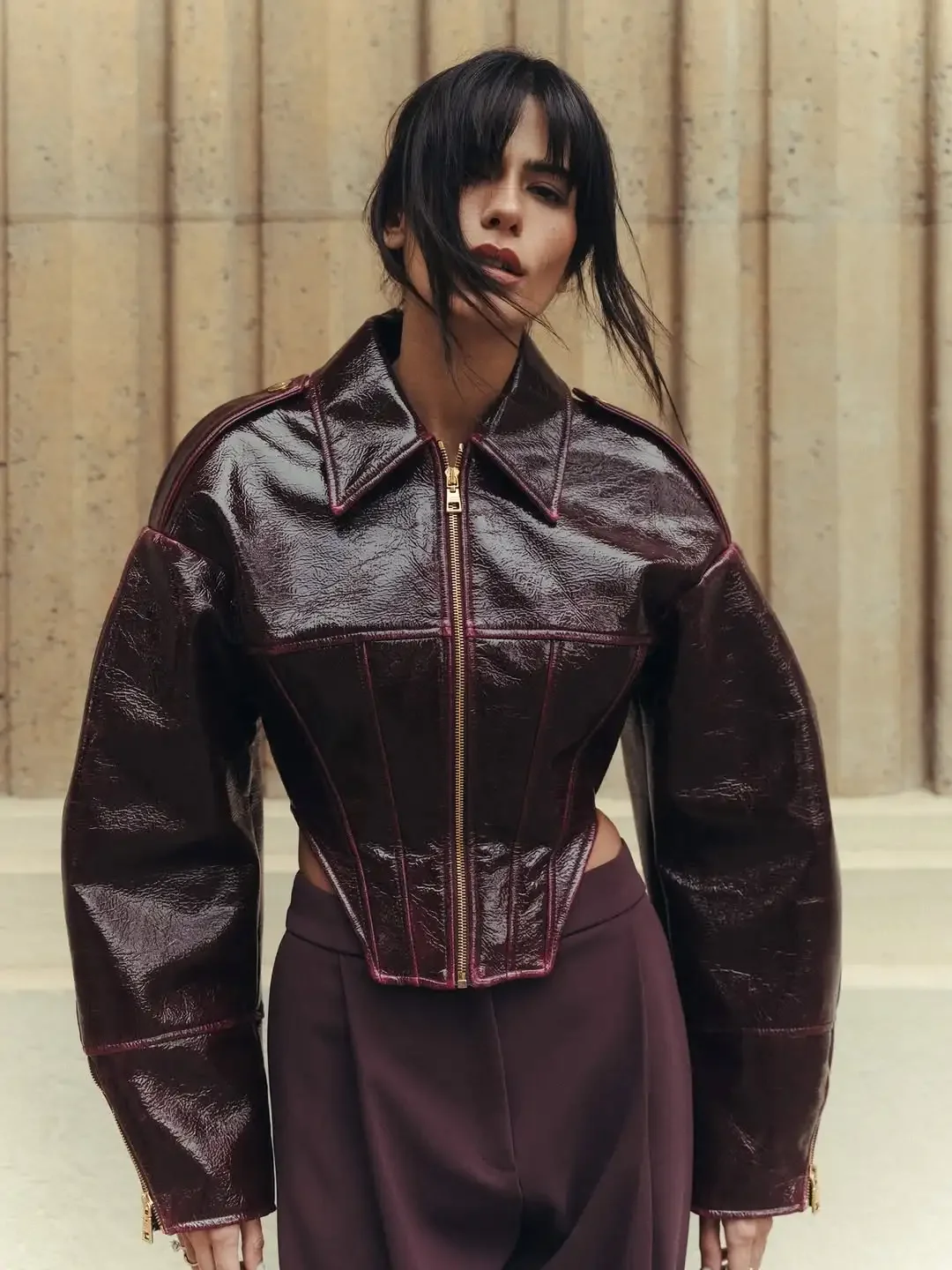 Women Retro Coated Cinched-waist Leather Jacket Lady Casual Lapel Full Sleeve Zipper Fishbone Coat 2026 Spring Daily Street Wear