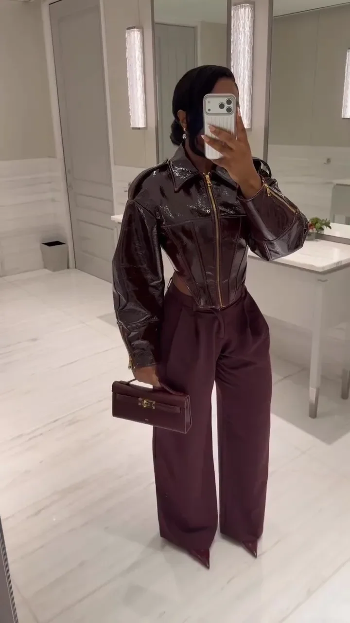 Women Retro Coated Cinched-waist Leather Jacket Lady Casual Lapel Full Sleeve Zipper Fishbone Coat 2026 Spring Daily Street Wear