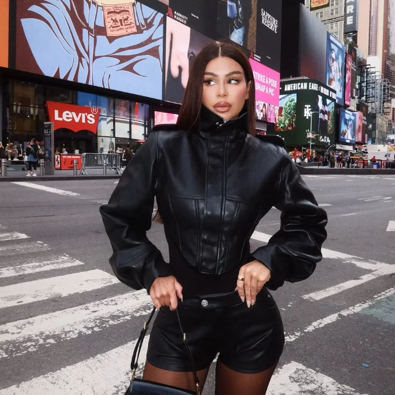 Women's Vintage Washed Faux Leather Jacket Cropped Stand Collar PU Moto Jackets Coat Y2K Retro Streetwear Fashion Lady Outerwear