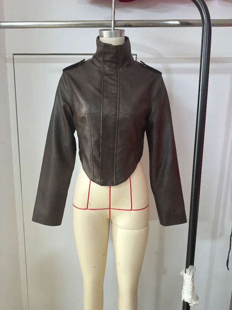 Women's Vintage Washed Faux Leather Jacket Cropped Stand Collar PU Moto Jackets Coat Y2K Retro Streetwear Fashion Lady Outerwear