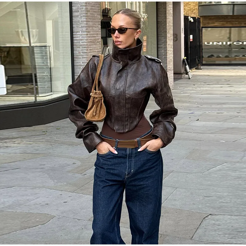 Women's Vintage Washed Faux Leather Jacket Cropped Stand Collar PU Moto Jackets Coat Y2K Retro Streetwear Fashion Lady Outerwear