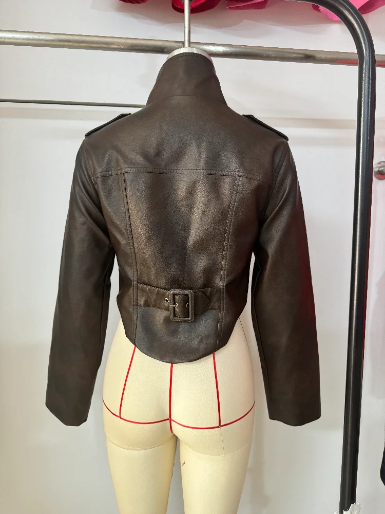 Women's Vintage Washed Faux Leather Jacket Cropped Stand Collar PU Moto Jackets Coat Y2K Retro Streetwear Fashion Lady Outerwear