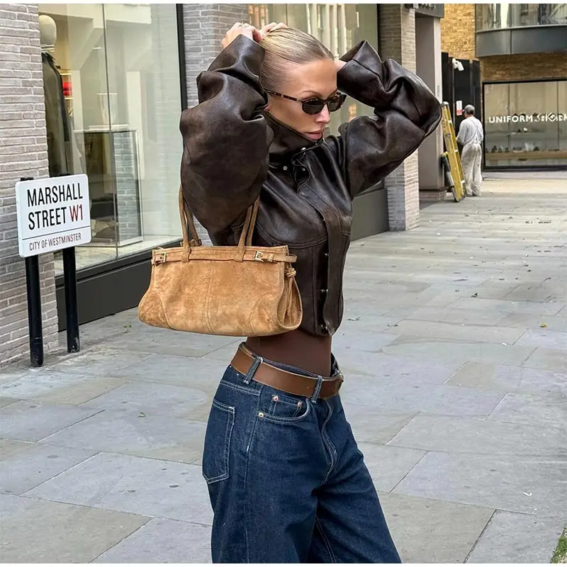 Women's Vintage Washed Faux Leather Jacket Cropped Stand Collar PU Moto Jackets Coat Y2K Retro Streetwear Fashion Lady Outerwear