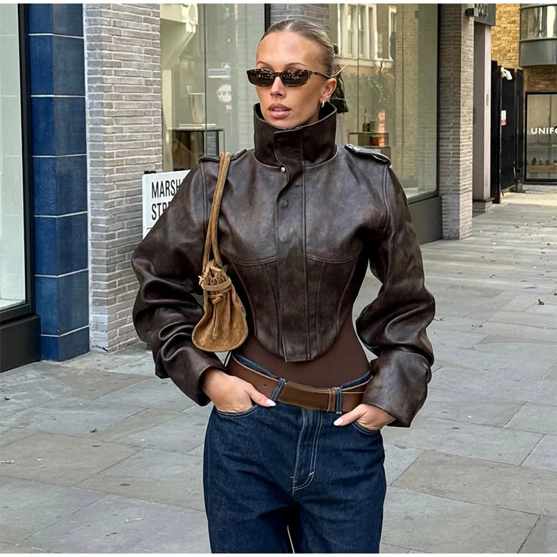 Women's Vintage Washed Faux Leather Jacket Cropped Stand Collar PU Moto Jackets Coat Y2K Retro Streetwear Fashion Lady Outerwear