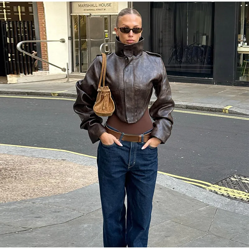 Women's Vintage Washed Faux Leather Jacket Cropped Stand Collar PU Moto Jackets Coat Y2K Retro Streetwear Fashion Lady Outerwear