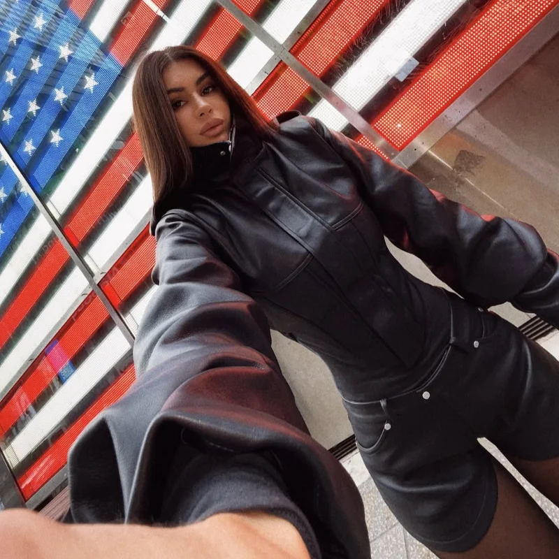 Women's Vintage Washed Faux Leather Jacket Cropped Stand Collar PU Moto Jackets Coat Y2K Retro Streetwear Fashion Lady Outerwear