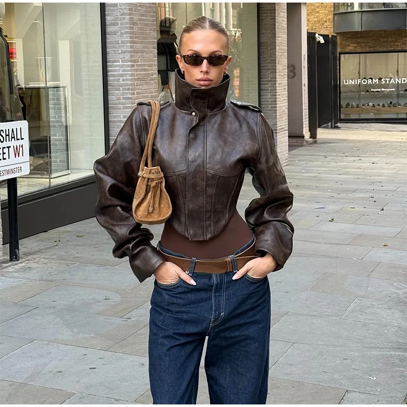 Women's Vintage Washed Faux Leather Jacket Cropped Stand Collar PU Moto Jackets Coat Y2K Retro Streetwear Fashion Lady Outerwear