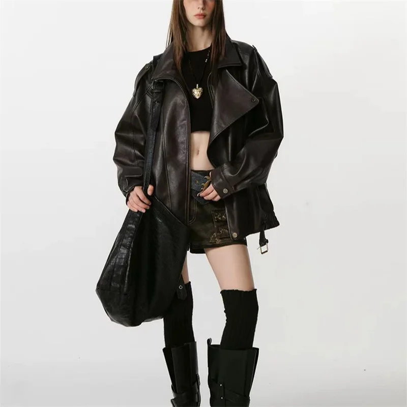 Winter Ladies High End Faux Leather Outwear American Femme Long Sleeves PU Leather Jacket Autumn Women Fashion Casual Loose Coat