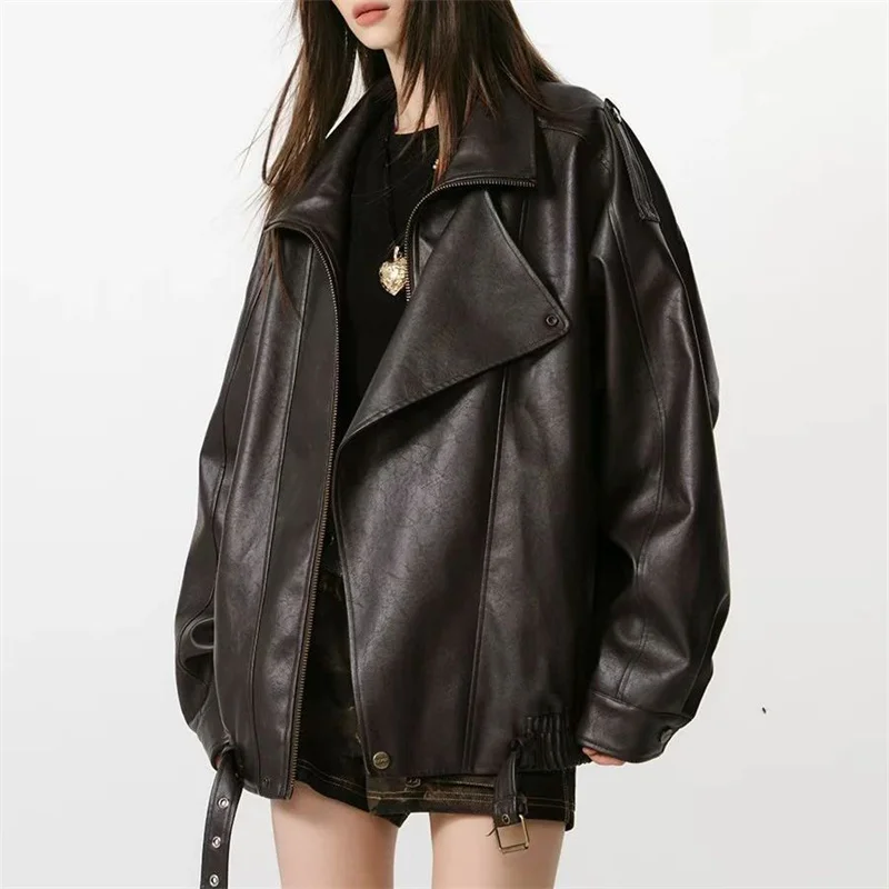 Winter Ladies High End Faux Leather Outwear American Femme Long Sleeves PU Leather Jacket Autumn Women Fashion Casual Loose Coat