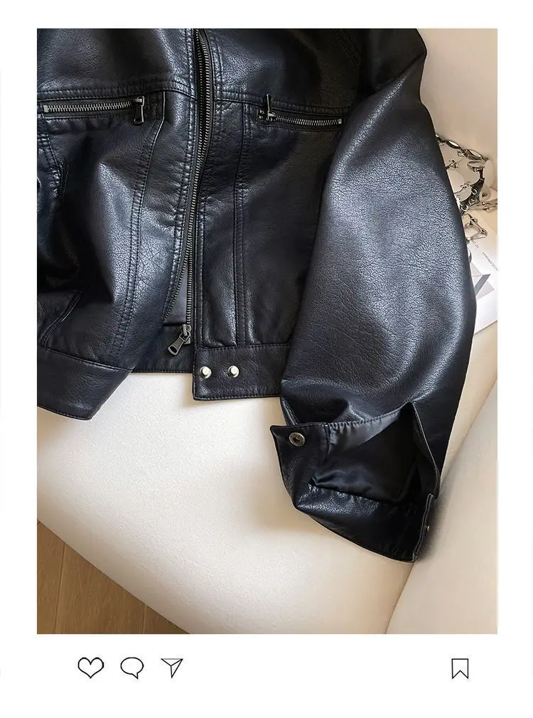 Luxury Black Leather Jacket Women Short Tops Motorcycle Jacket Spring Autumn Clothing  Jacket Vintage Brown PU Leather Coat Zip