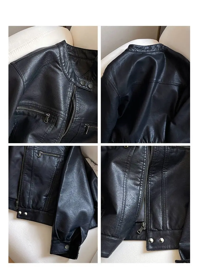 Luxury Black Leather Jacket Women Short Tops Motorcycle Jacket Spring Autumn Clothing  Jacket Vintage Brown PU Leather Coat Zip