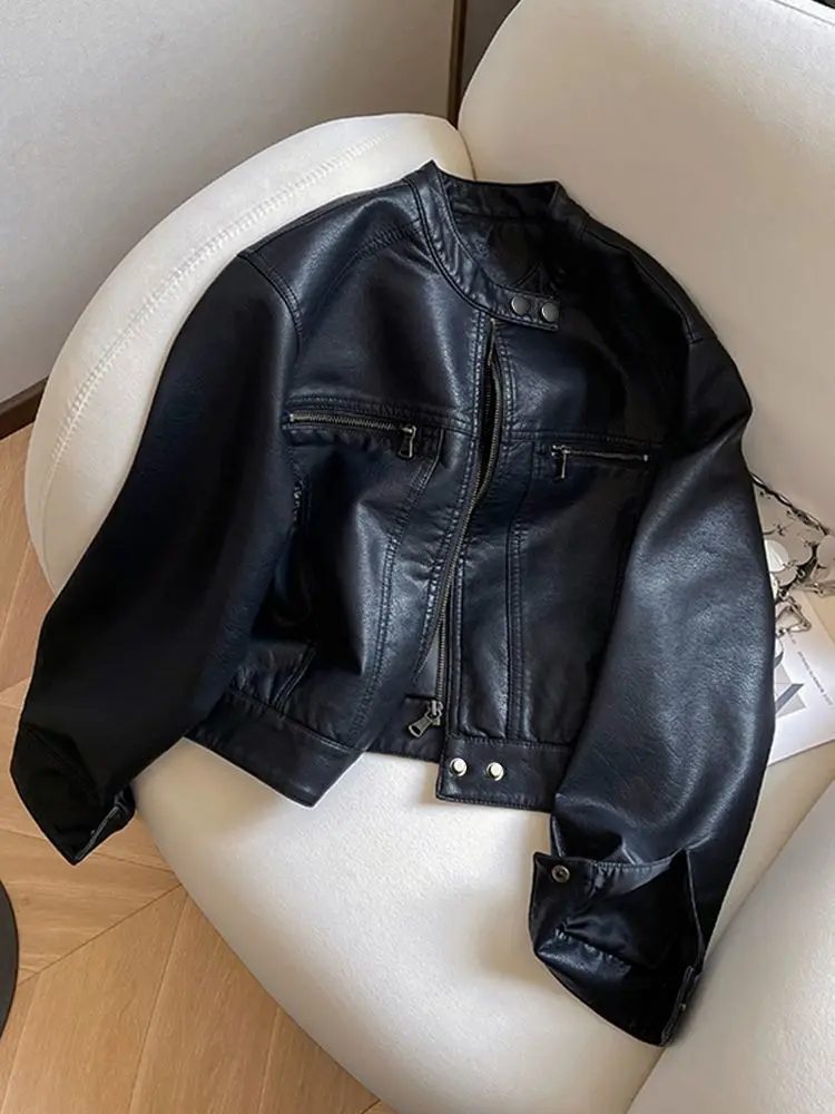 Luxury Black Leather Jacket Women Short Tops Motorcycle Jacket Spring Autumn Clothing  Jacket Vintage Brown PU Leather Coat Zip