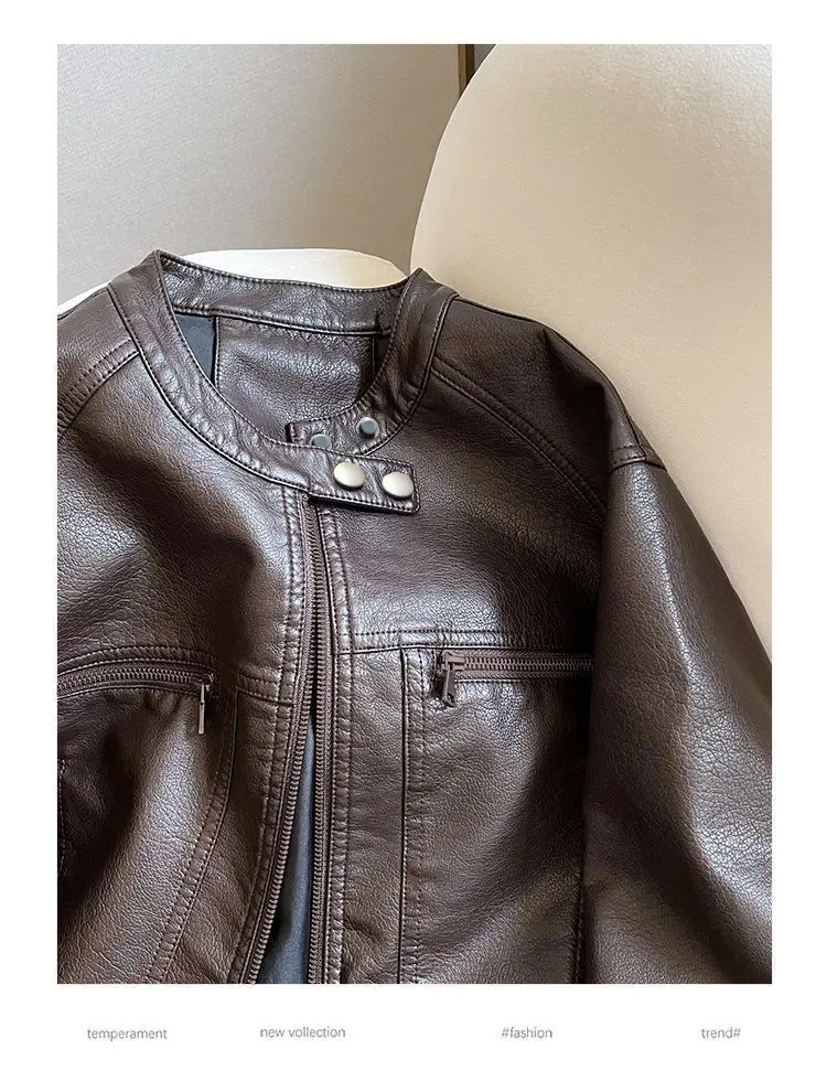 Luxury Black Leather Jacket Women Short Tops Motorcycle Jacket Spring Autumn Clothing  Jacket Vintage Brown PU Leather Coat Zip