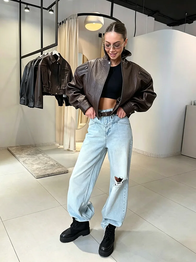 Mumaroho 2026 Autumn Winter Women's Cropped Faux Leather Biker Jacket Oversized Solid Short Black PU Moto Jacket Outwear