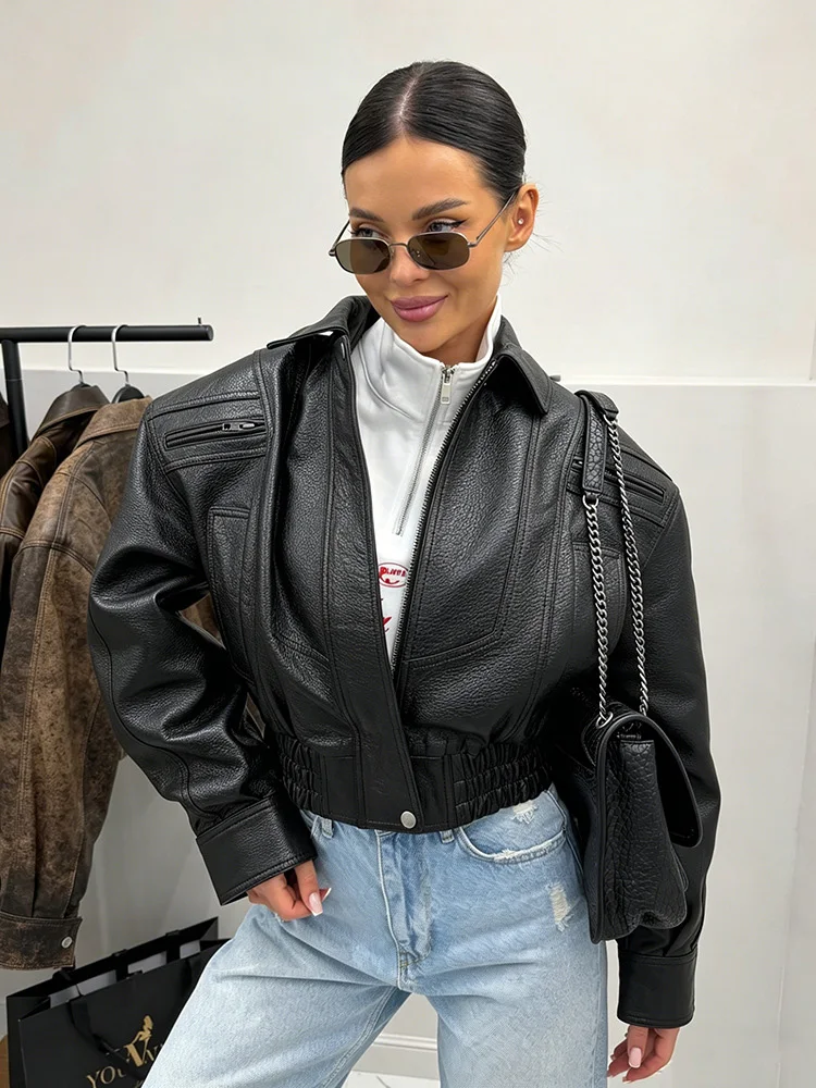 Mumaroho 2026 Autumn Winter Women's Cropped Faux Leather Biker Jacket Oversized Solid Short Black PU Moto Jacket Outwear