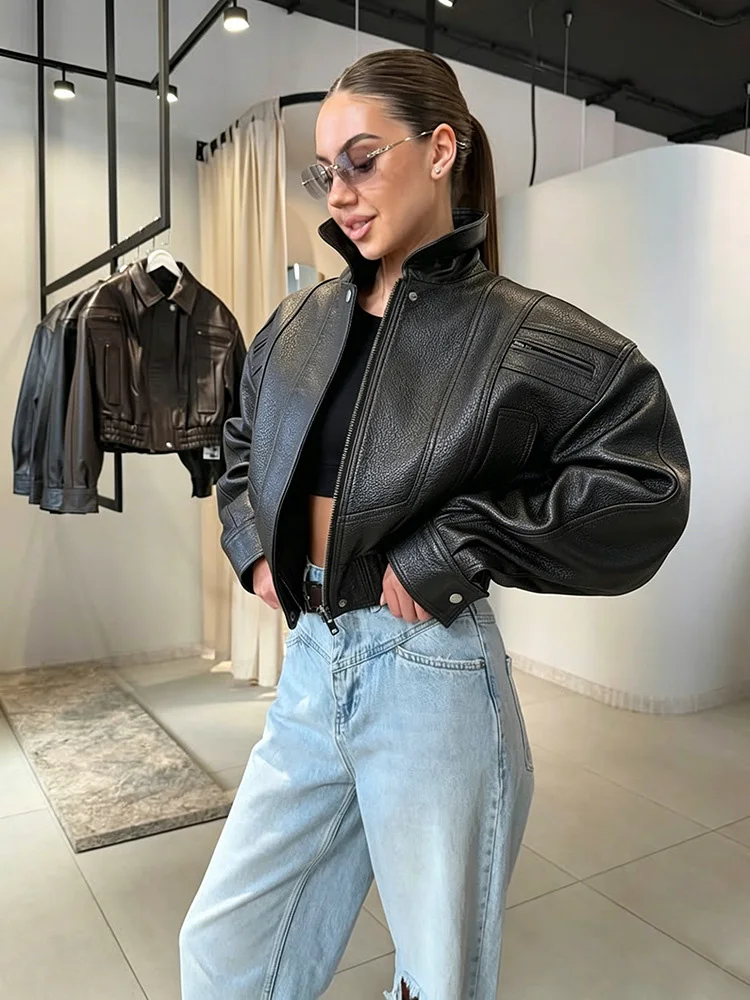 Mumaroho 2026 Autumn Winter Women's Cropped Faux Leather Biker Jacket Oversized Solid Short Black PU Moto Jacket Outwear