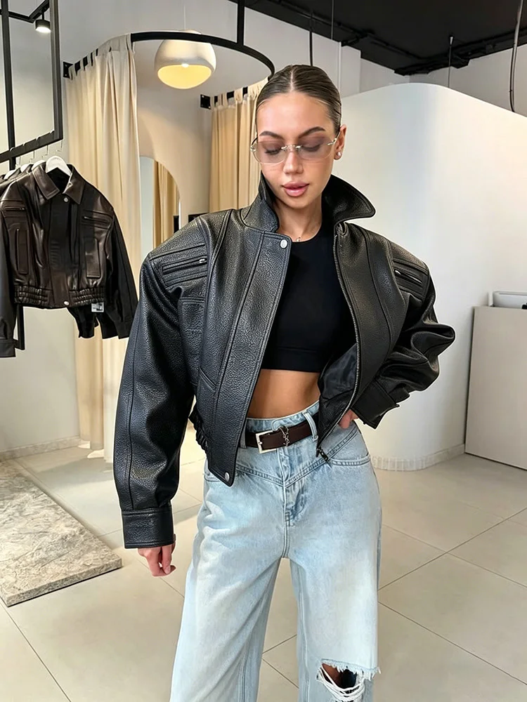 Mumaroho 2026 Autumn Winter Women's Cropped Faux Leather Biker Jacket Oversized Solid Short Black PU Moto Jacket Outwear