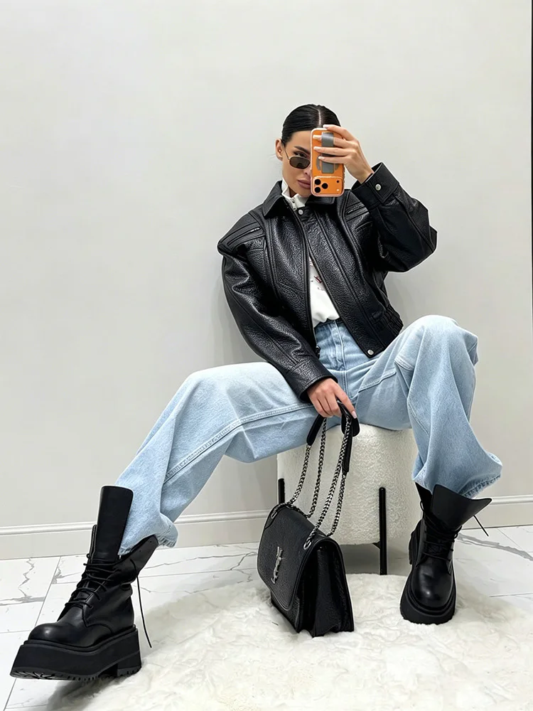 Mumaroho 2026 Autumn Winter Women's Cropped Faux Leather Biker Jacket Oversized Solid Short Black PU Moto Jacket Outwear