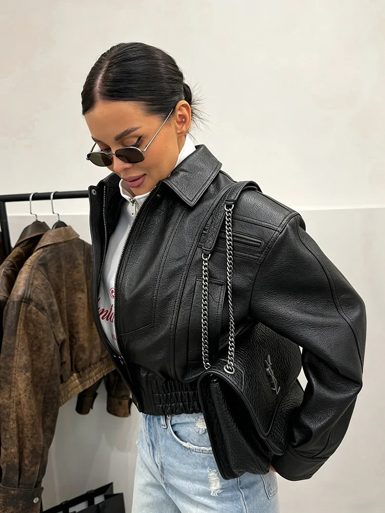Mumaroho 2026 Autumn Winter Women's Cropped Faux Leather Biker Jacket Oversized Solid Short Black PU Moto Jacket Outwear