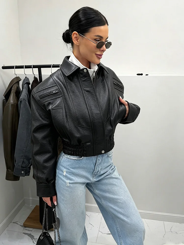 Mumaroho 2026 Autumn Winter Women's Cropped Faux Leather Biker Jacket Oversized Solid Short Black PU Moto Jacket Outwear