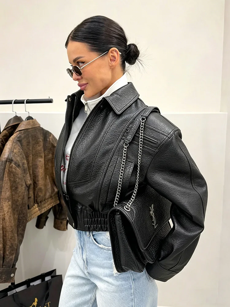 Mumaroho 2026 Autumn Winter Women's Cropped Faux Leather Biker Jacket Oversized Solid Short Black PU Moto Jacket Outwear