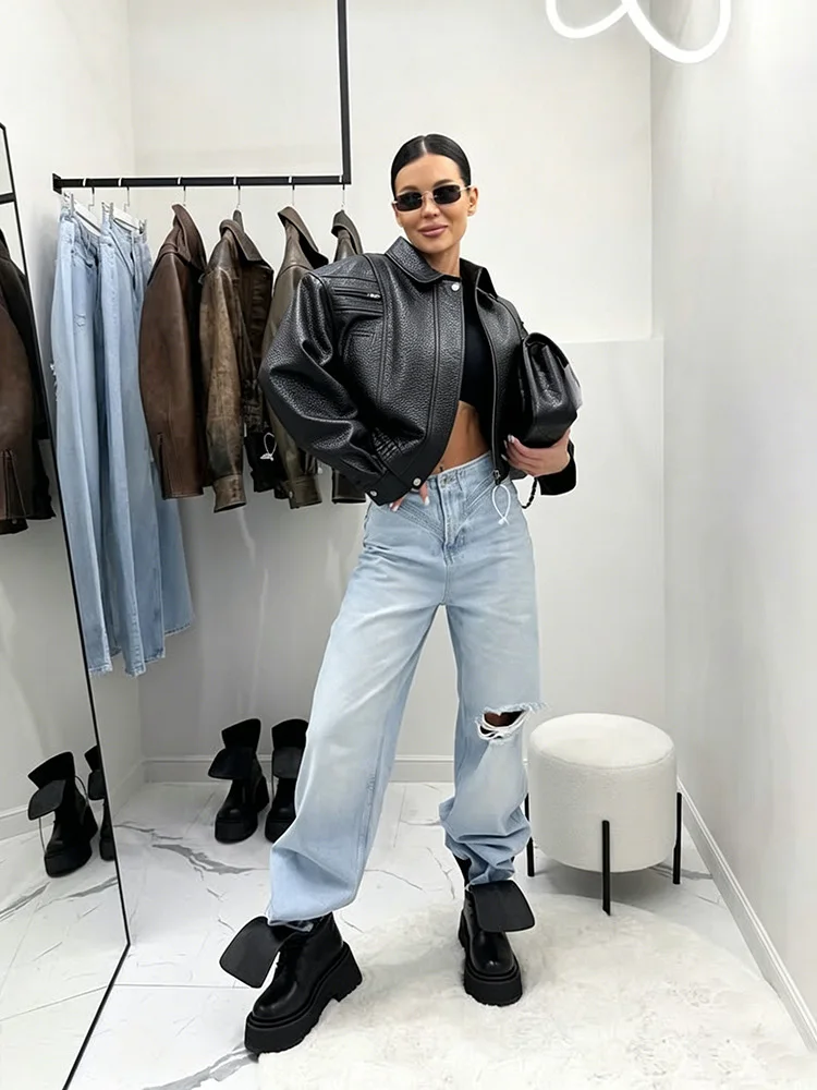 Mumaroho 2026 Autumn Winter Women's Cropped Faux Leather Biker Jacket Oversized Solid Short Black PU Moto Jacket Outwear