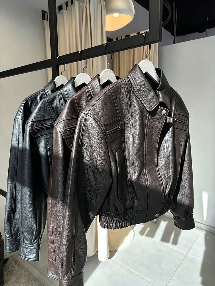 Mumaroho 2026 Autumn Winter Women's Cropped Faux Leather Biker Jacket Oversized Solid Short Black PU Moto Jacket Outwear