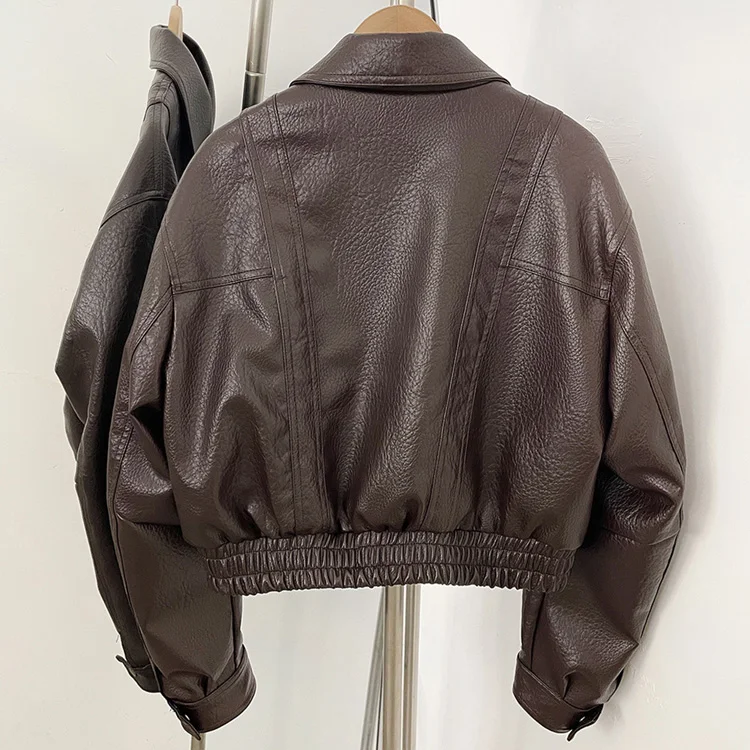 Mumaroho 2026 Autumn Winter Women's Cropped Faux Leather Biker Jacket Oversized Solid Short Black PU Moto Jacket Outwear