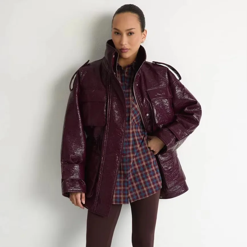 Women Burgundy Patent Leather Stand Collar Epaulet Multi Pocket Drawstring Waist Mid-Length Puffer Jacket, Winter Warm Streetwea