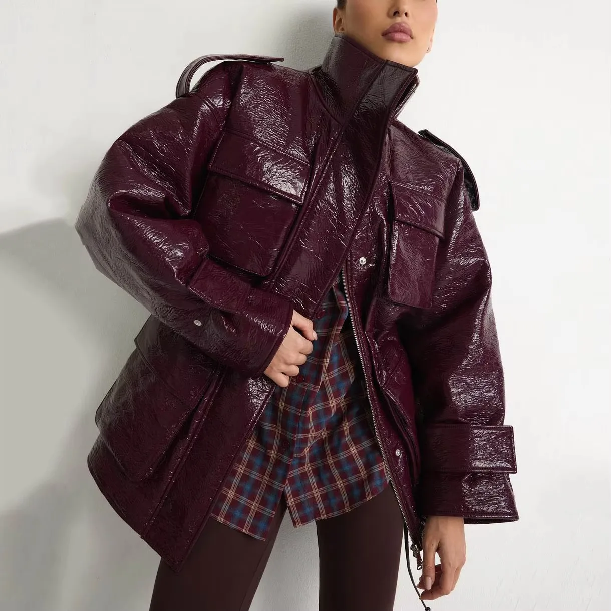 Women Burgundy Patent Leather Stand Collar Epaulet Multi Pocket Drawstring Waist Mid-Length Puffer Jacket, Winter Warm Streetwea