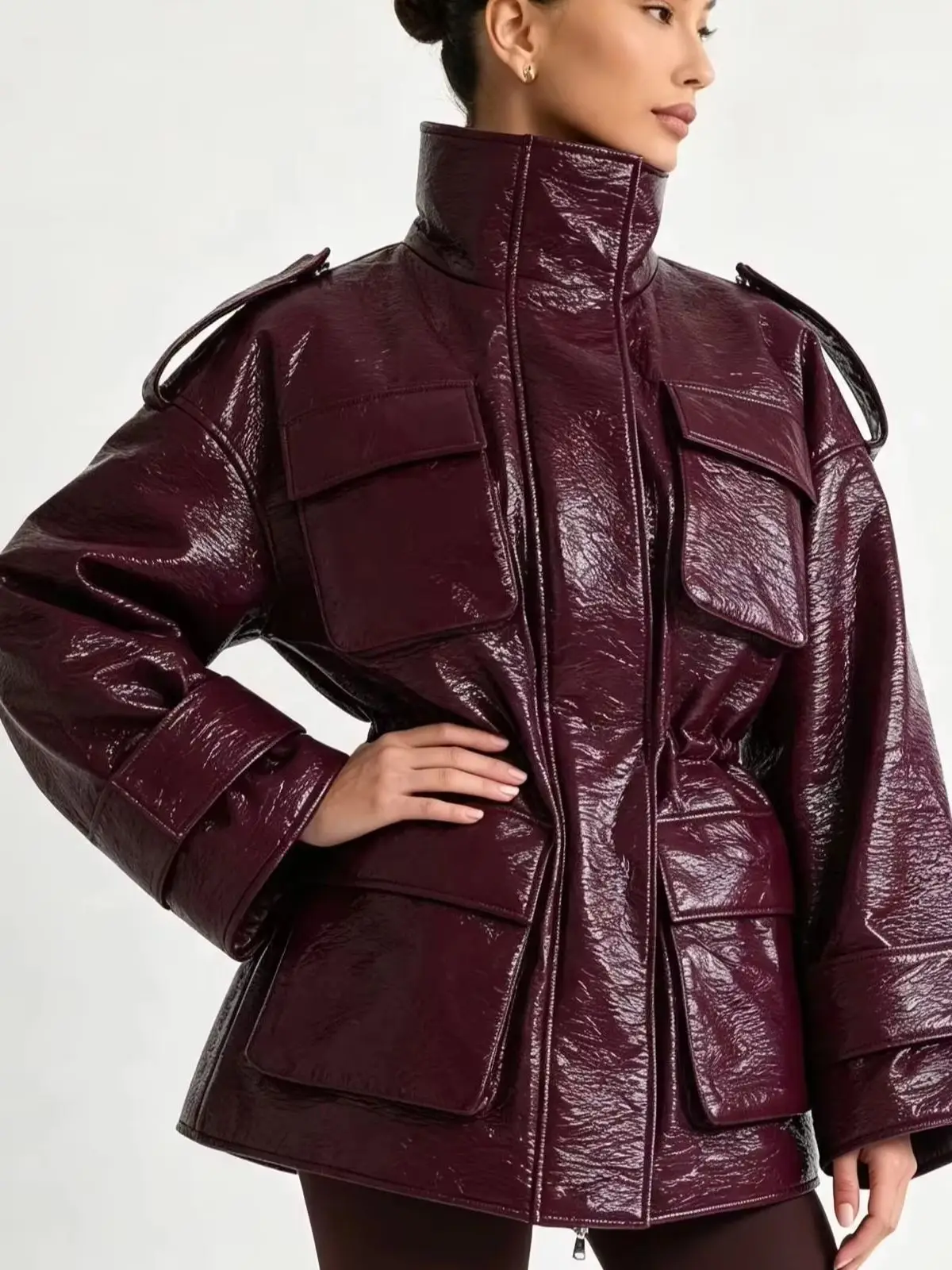 Women Burgundy Patent Leather Stand Collar Epaulet Multi Pocket Drawstring Waist Mid-Length Puffer Jacket, Winter Warm Streetwea