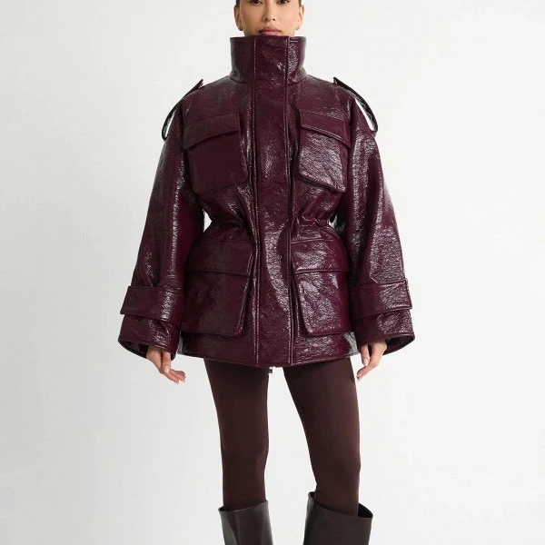 Women Burgundy Patent Leather Stand Collar Epaulet Multi Pocket Drawstring Waist Mid-Length Puffer Jacket, Winter Warm Streetwea