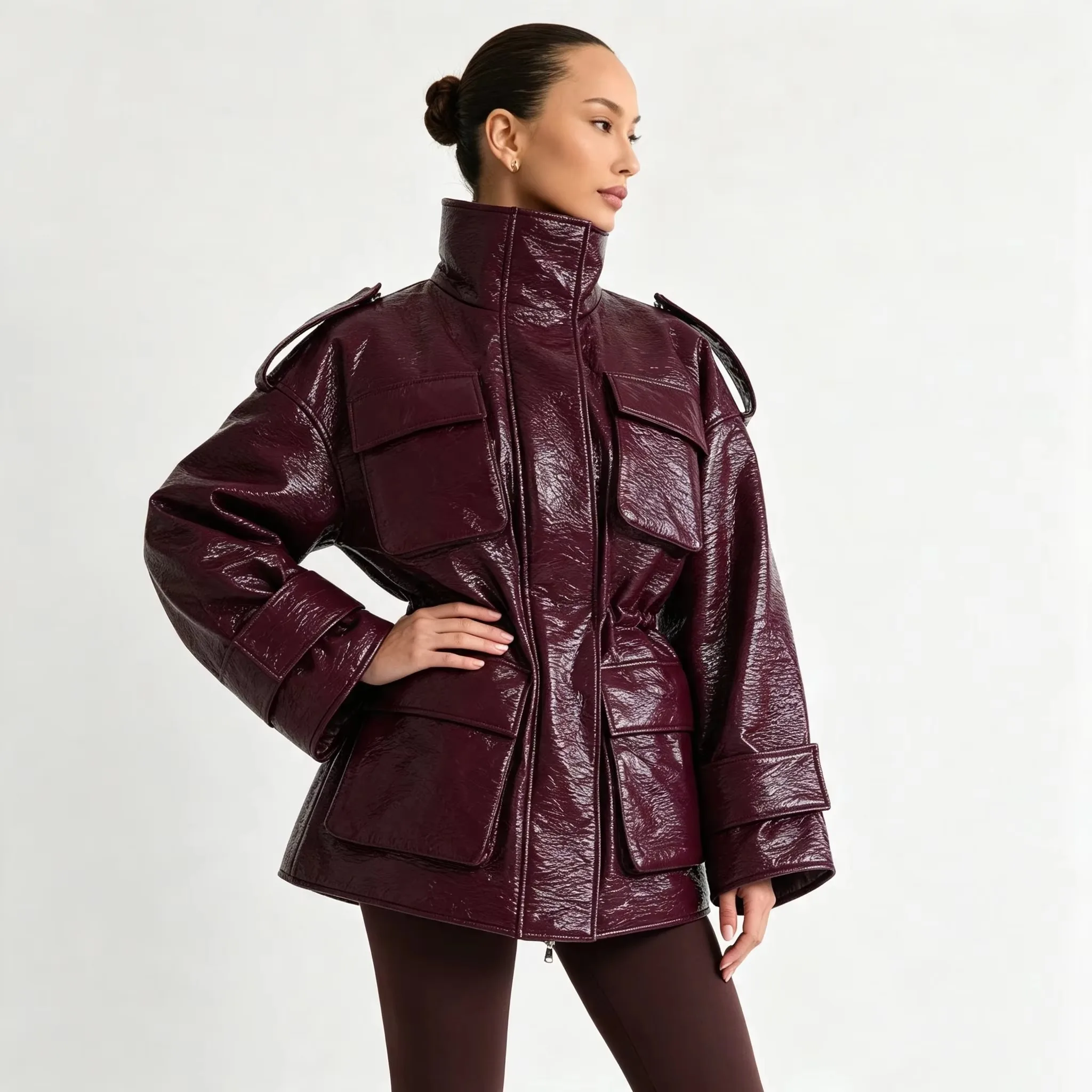 Women Burgundy Patent Leather Stand Collar Epaulet Multi Pocket Drawstring Waist Mid-Length Puffer Jacket, Winter Warm Streetwea