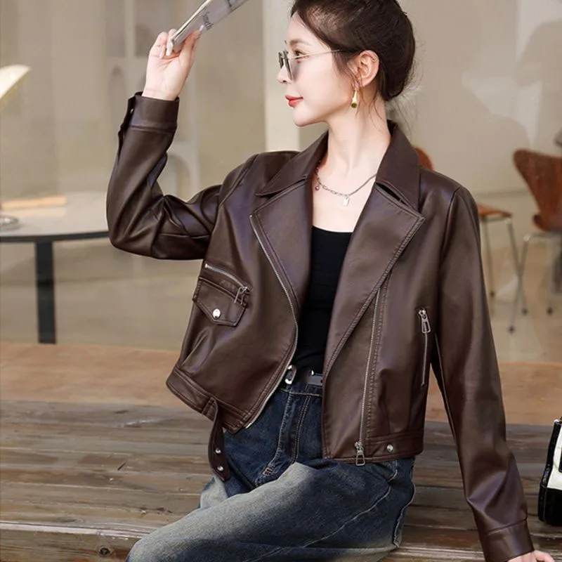2026 Spring Autumn New Fashion Leather Jacket Women Motorcycle Outwear Short Loose Pu Leather Suit Collar Coat Overcoat Female
