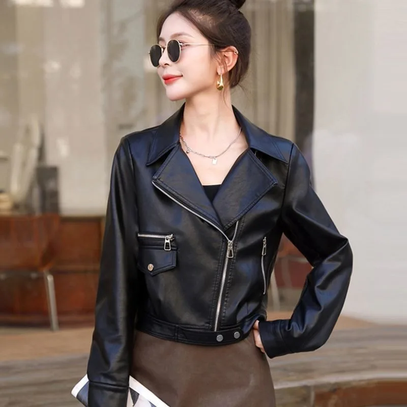 2026 Spring Autumn New Fashion Leather Jacket Women Motorcycle Outwear Short Loose Pu Leather Suit Collar Coat Overcoat Female