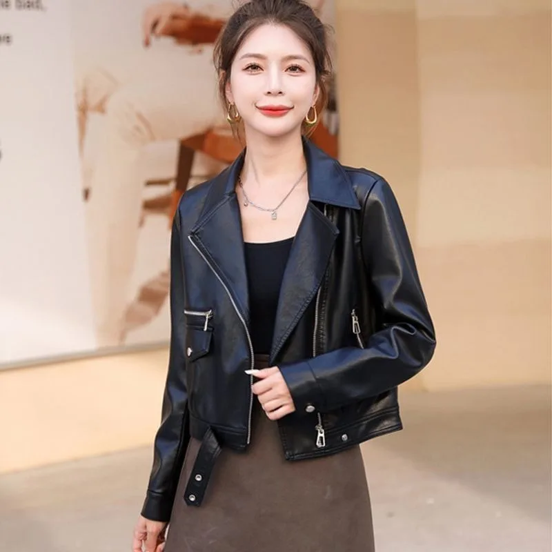 2026 Spring Autumn New Fashion Leather Jacket Women Motorcycle Outwear Short Loose Pu Leather Suit Collar Coat Overcoat Female