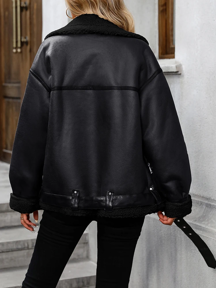 Ailegogo Streetwear Women Loose Warm Faux Leather Lamb Fur Jacket Vintage Female Zipper Belt Spliced Thick Chic Coat Outwear