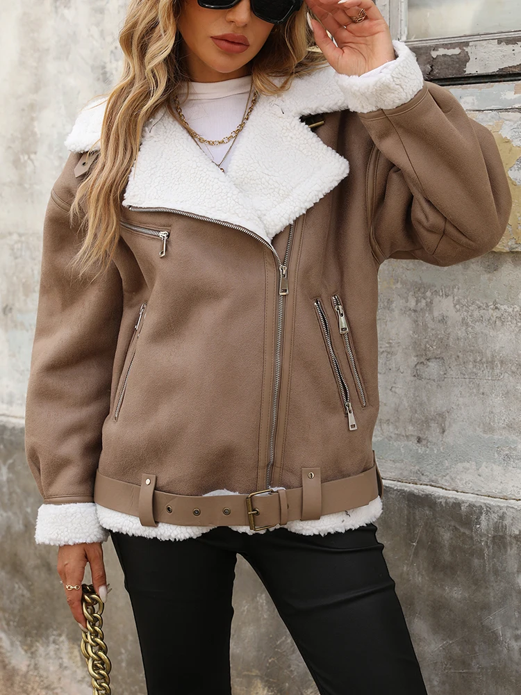 Ailegogo Streetwear Women Loose Warm Faux Leather Lamb Fur Jacket Vintage Female Zipper Belt Spliced Thick Chic Coat Outwear